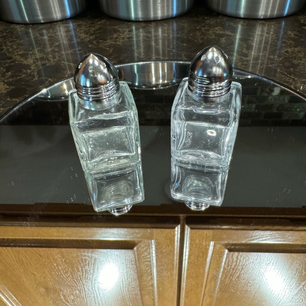 Miniature Glass Salt and Pepper Shakers with silver top EUC